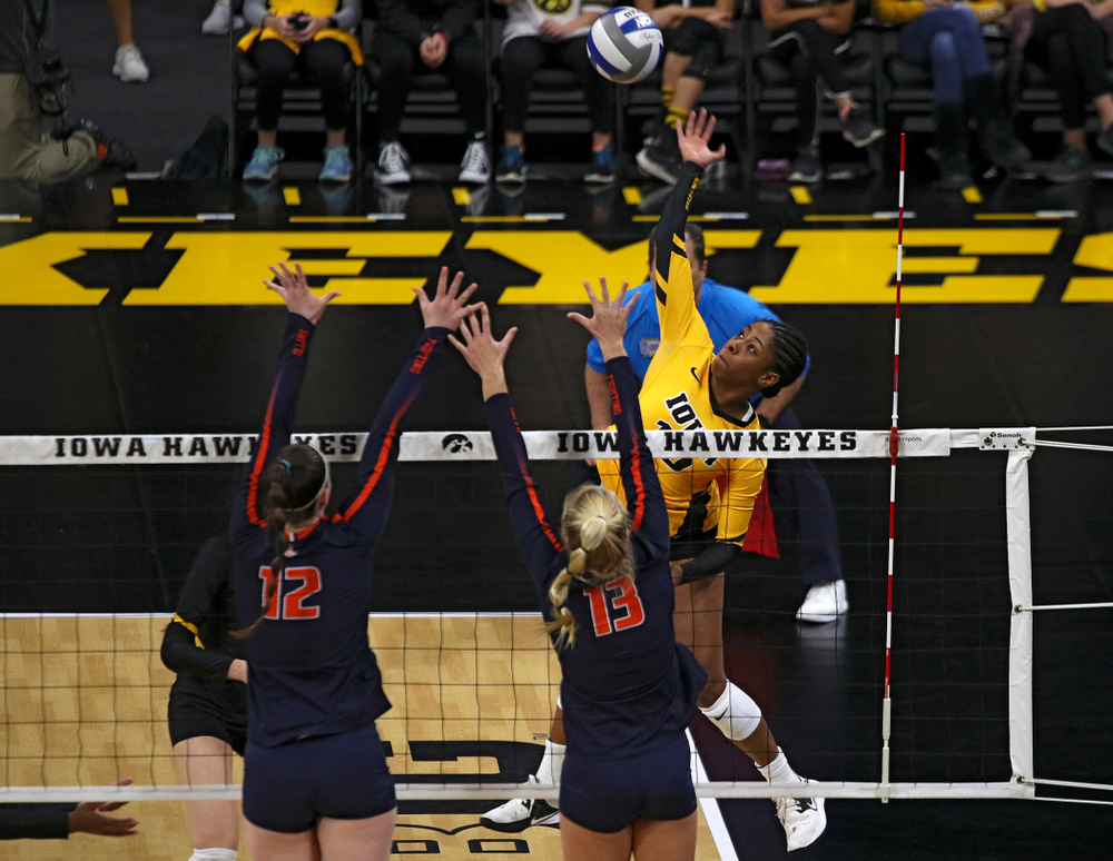 Iowa’s Griere Hughes (10) gets a kill during the first set of their match against Illinois at Carver-Hawkeye Arena in Iowa City on Wednesday, Nov 6, 2019. (Stephen Mally/hawkeyesports.com)