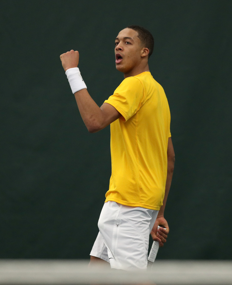 Oliver Okonkwo against Utah Sunday, February 10, 2019 at the Hawkeye Tennis and Recreation Complex. (Brian Ray/hawkeyesports.com)