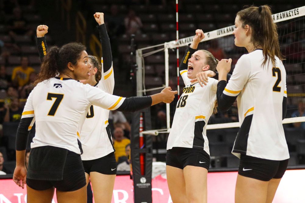 Iowa Hawkeyes setter Brie Orr (7), Iowa Hawkeyes outside hitter Edina Schmidt (20), Iowa Hawkeyes middle blocker Hannah Clayton (18) and Iowa Hawkeyes setter Courtney Buzzerio (2) against Coastal Carolina Friday, September 20, 2019 at Carver-Hawkeye Arena. (Lily Smith/hawkeyesports.com)