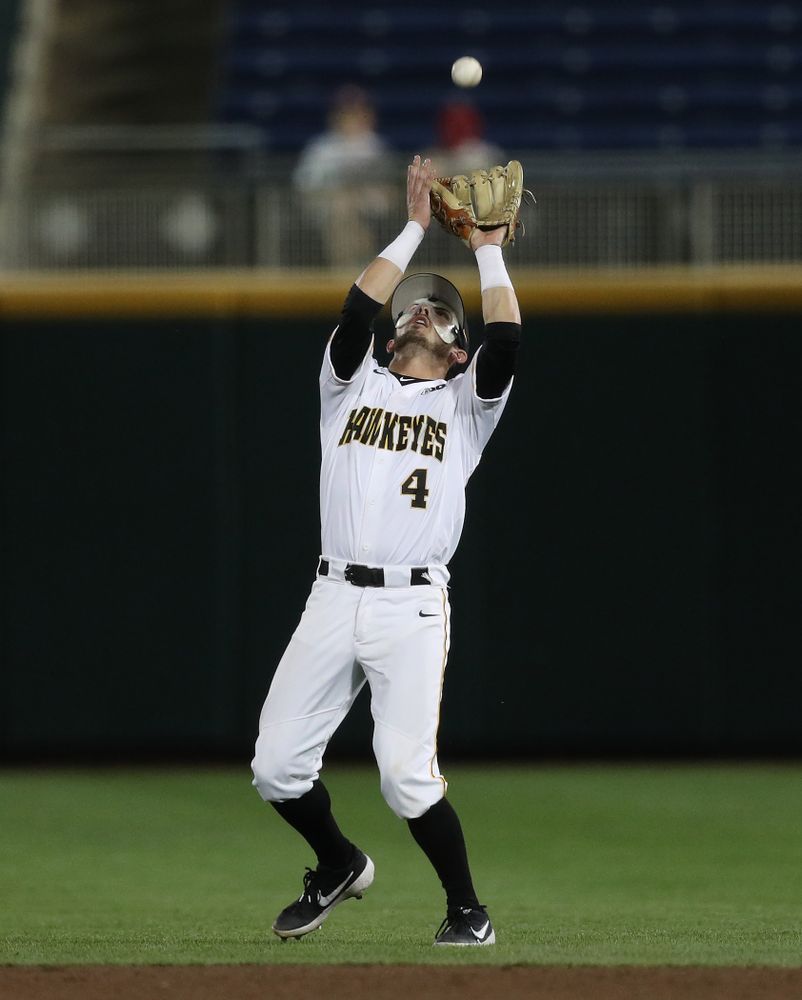 Iowa Hawkeyes infielder Mitchell Boe (4) against the Minnesota Golden Gophers in the Big Ten Baseball Tournament Friday, May 24, 2019 at TD Ameritrade Park in Omaha, Neb. (Brian Ray/hawkeyesports.com)