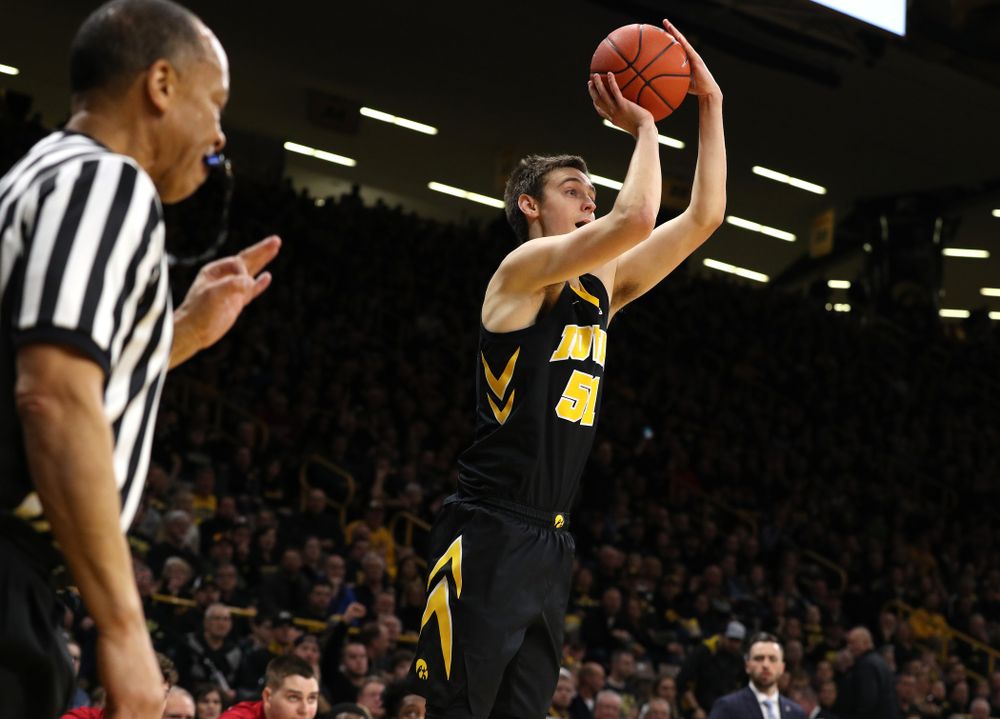 Iowa Hawkeyes forward Nicholas Baer (51) against the Indiana Hoosiers Friday, February 22, 2019 at Carver-Hawkeye Arena. (Brian Ray/hawkeyesports.com)