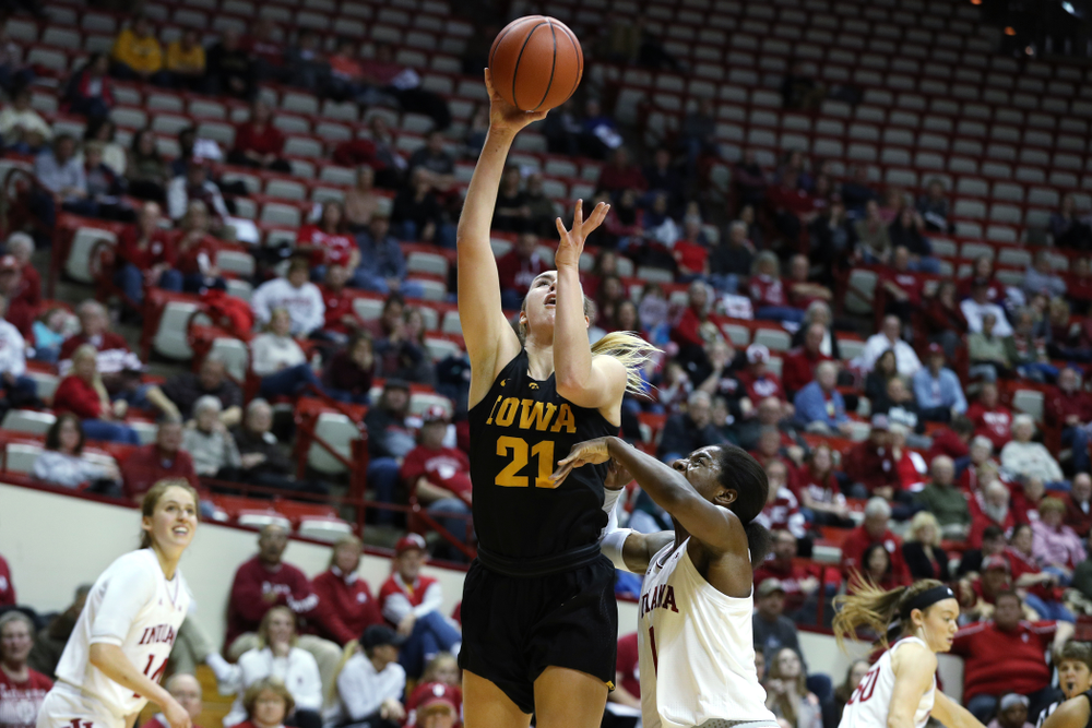 Iowa Hawkeyes forward Hannah Stewart (21) against the Indiana Hoosiers Thursday, February 21, 2019 at Simon Skjodt Assembly Hall. (Brian Ray/hawkeyesports.com)