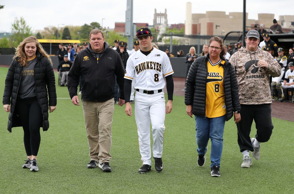 Iowa Hawkeyes outfielder Luke Farley (8) during senior day festivities before their game against Michigan State Sunday, May 12, 2019 at Duane Banks Field. (Brian Ray/hawkeyesports.com)