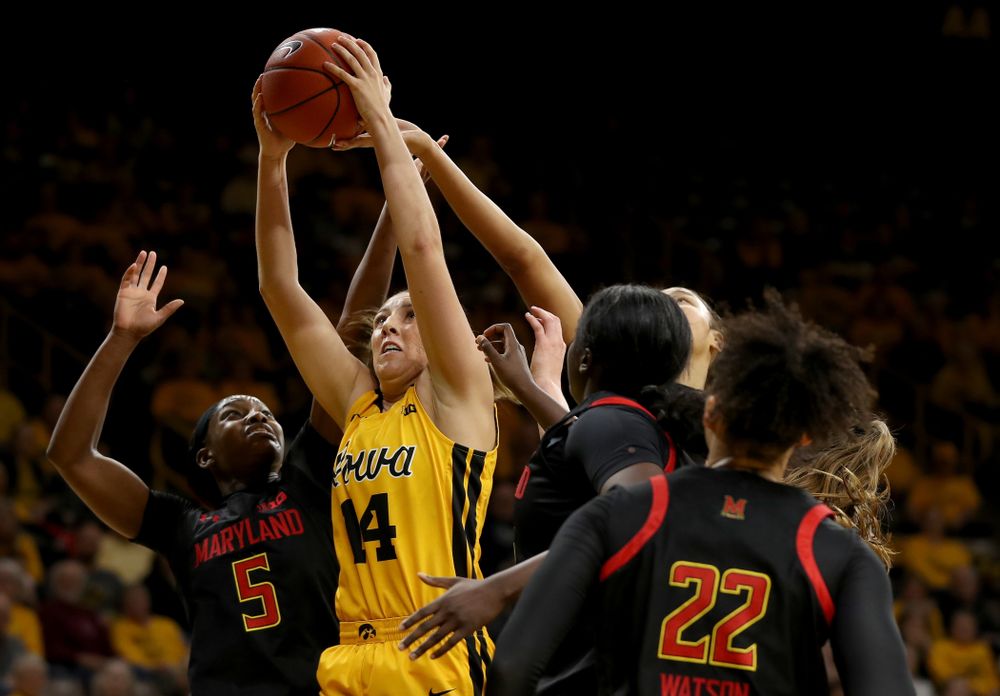 Iowa Hawkeyes forward McKenna Warnock (14) against the Maryland Terrapins Thursday, January 9, 2020 at Carver-Hawkeye Arena. (Brian Ray/hawkeyesports.com)