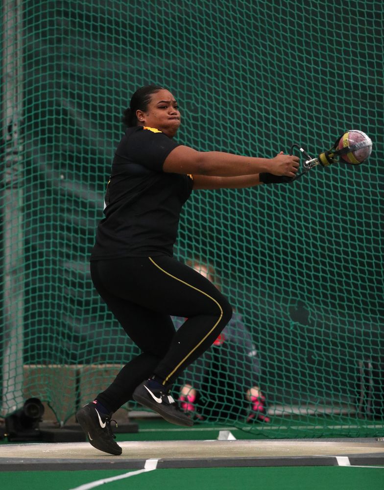 Iowa's Laulauga Tausaga sets a school record in the weight throw Friday, January 11, 2019 at the Hawkeye Tennis and Recreation Center. Tausaga set the new mark with a throw of 20.67m, 67-9 3/4. (Brian Ray/hawkeyesports.com)