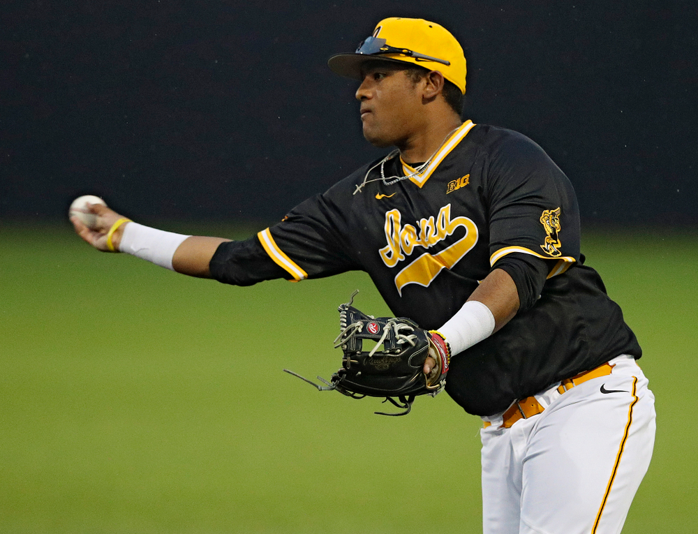 Iowa Hawkeyes second baseman Izaya Fullard (20) throws to first base for an out during the ninth inning of their game against Illinois State at Duane Banks Field in Iowa City on Wednesday, Apr. 3, 2019. (Stephen Mally/hawkeyesports.com)