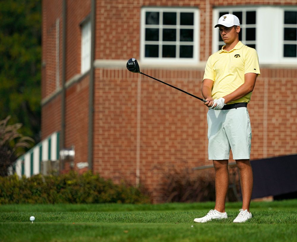 Iowa’s Garrett Tighe lines up a drive during the third day of the Golfweek Conference Challenge at the Cedar Rapids Country Club in Cedar Rapids on Tuesday, Sep 17, 2019. (Stephen Mally/hawkeyesports.com)