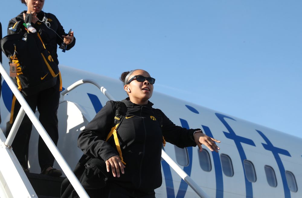 Iowa Hawkeyes guard Tania Davis (11) arrives in Greensboro, NC for the Regionals of the 2019 NCAA Women's Basketball Championships Thursday, March 28, 2019 at the Eastern Iowa Airport. (Brian Ray/hawkeyesports.com)