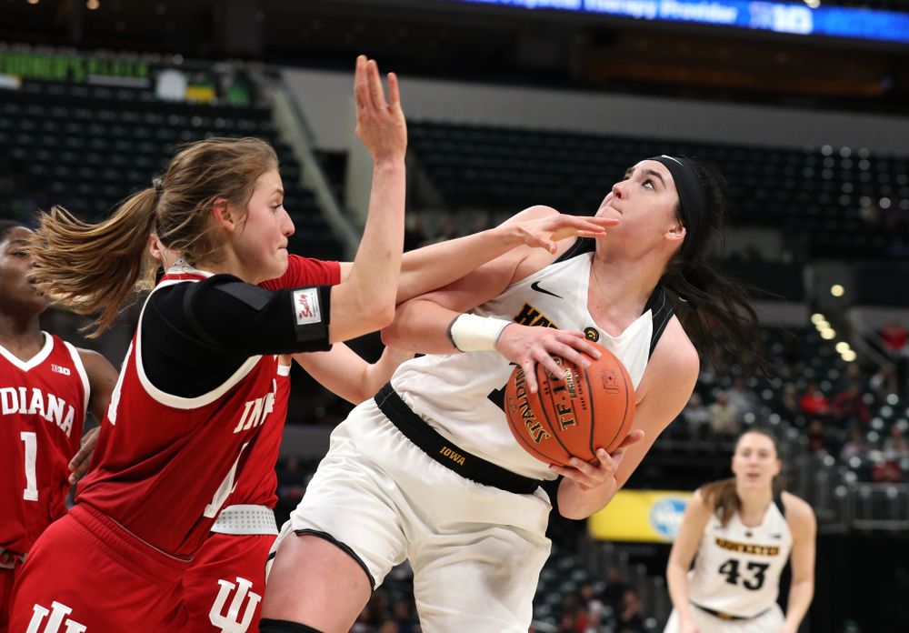 Iowa Hawkeyes forward Megan Gustafson (10) against the Indiana Hoosiers in the quarterfinals of the Big Ten Tournament Friday, March 8, 2019 at Bankers Life Fieldhouse in Indianapolis, Ind. (Brian Ray/hawkeyesports.com)