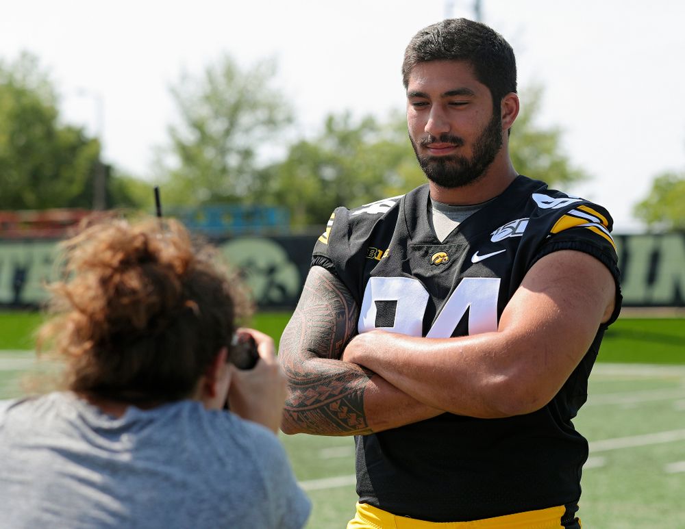 Iowa Hawkeyes defensive end A.J. Epenesa (94) poses for a picture during Iowa Football Media Day at the Hansen Football Performance Center in Iowa City on Friday, Aug 9, 2019. (Stephen Mally/hawkeyesports.com)