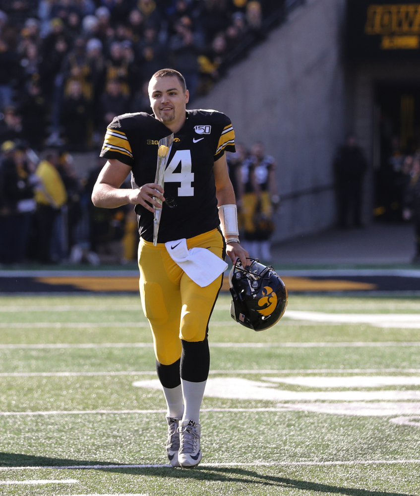 Iowa Hawkeyes quarterback Nate Stanley (4) during Senior Day festivities before their game against the Illinois Fighting Illini Saturday, November 23, 2019 at Kinnick Stadium. (Brian Ray/hawkeyesports.com)