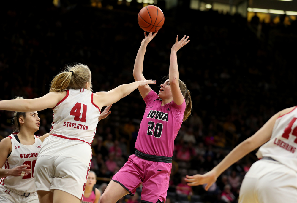 Iowa Hawkeyes guard Kate Martin (20) against the Wisconsin Badgers Sunday, February 16, 2020 at Carver-Hawkeye Arena. (Brian Ray/hawkeyesports.com)