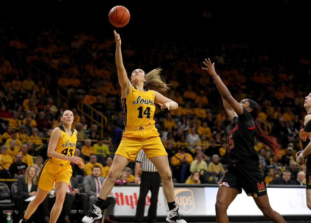 Iowa Hawkeyes forward McKenna Warnock (14) against the Maryland Terrapins Thursday, January 9, 2020 at Carver-Hawkeye Arena. (Brian Ray/hawkeyesports.com)