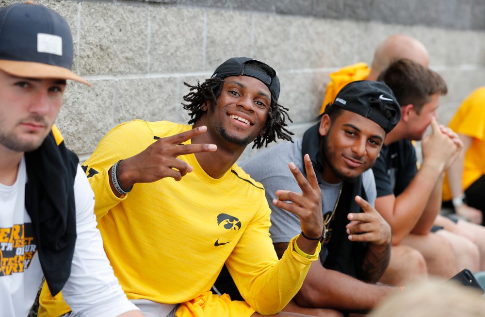Iowa Hawkeyes wide receiver Ihmir Smith-Marsette (6) and defensive back Geno Stone (9) during the Iowa Student Athlete Kickoff Kickball game Sunday, August 19, 2018 at Duane Banks Field. (Brian Ray/hawkeyesports.com)
