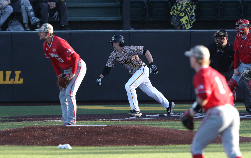 Iowa Hawkeyes Zeb Adreon (5) against the Nebraska Cornhuskers on Military Appreciation Night Friday, April 19, 2019 at Duane Banks Field. (Brian Ray/hawkeyesports.com)