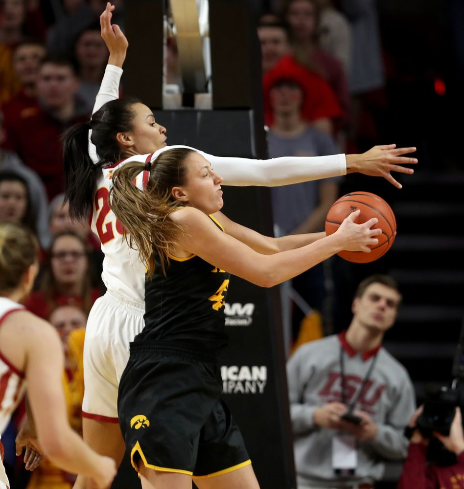 Iowa Hawkeyes forward Amanda Ollinger (43) against the Iowa State Cyclones Wednesday, December 11, 2019 at Hilton Coliseum in Ames, Iowa(Brian Ray/hawkeyesports.com)