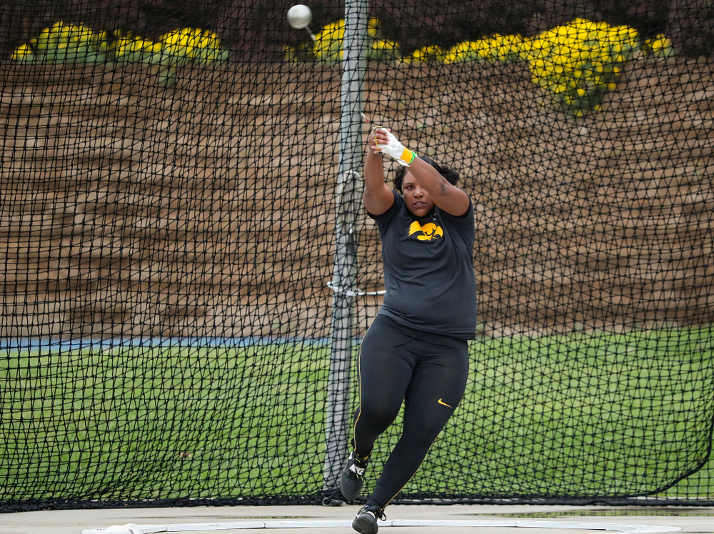 Iowa's Nia Britt throws during the women's hammer event during the third day of the Drake Relays at Drake Stadium in Des Moines on Saturday, Apr. 27, 2019. (Stephen Mally/hawkeyesports.com)