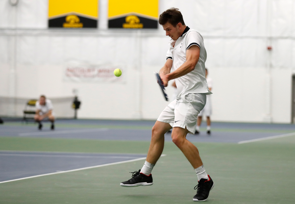 Piotr Smietana against Purdue Sunday, April 15, 2018 at the Hawkeye Tennis and Recreation Center. (Brian Ray/hawkeyesports.com)