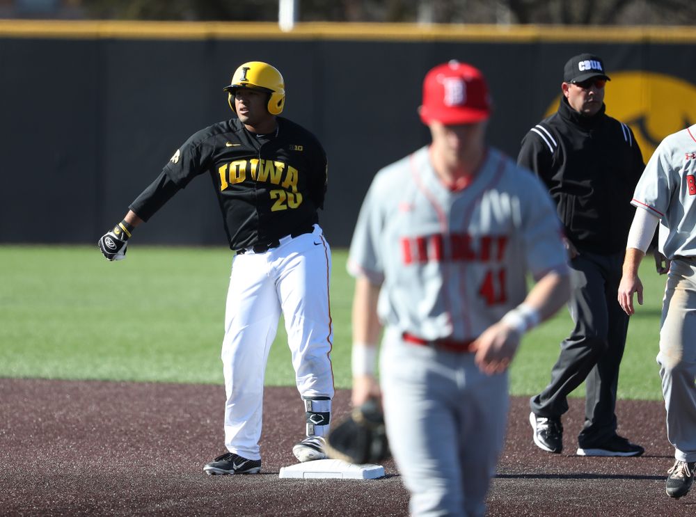 Iowa Hawkeyes Izaya Fullard (20) against the Bradley Braves Tuesday, March 26, 2019 at Duane Banks Field. (Brian Ray/hawkeyesports.com)