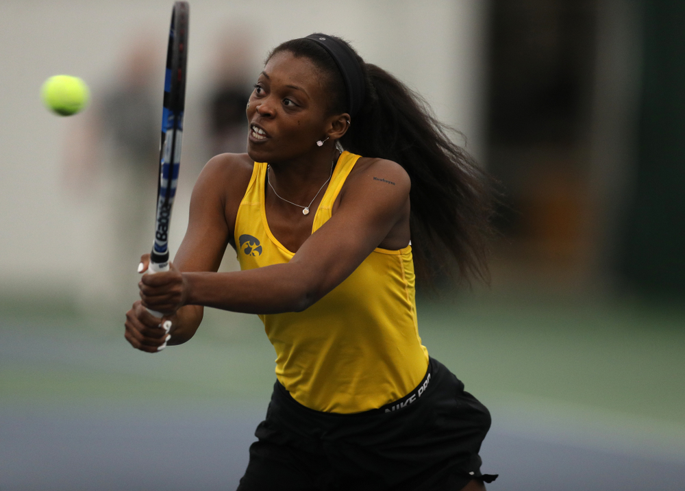 Iowa's Adorabol Huckleby against the Iowa State Cyclones Friday, February 8, 2019 at the Hawkeye Tennis and Recreation Complex. (Brian Ray/hawkeyesports.com)