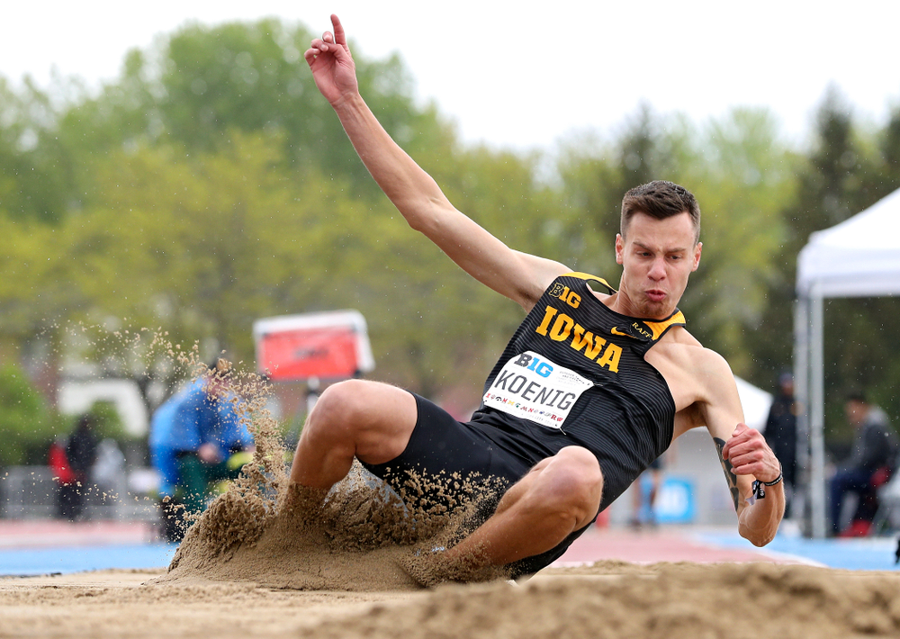 Iowa's Cooper Koenig jump in the men’s long jump event on the second day of the Big Ten Outdoor Track and Field Championships at Francis X. Cretzmeyer Track in Iowa City on Saturday, May. 11, 2019. (Stephen Mally/hawkeyesports.com)
