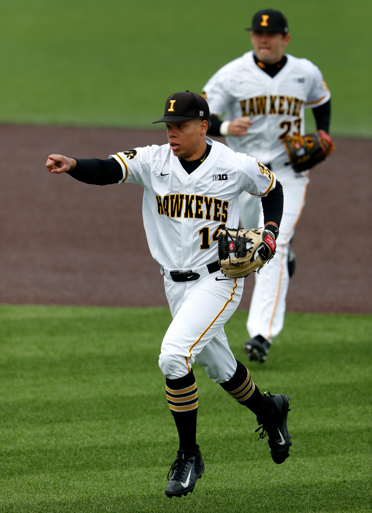 Iowa Hawkeyes second baseman Zion Pettigrew (14) during a double header against the Indiana Hoosiers Friday, March 23, 2018 at Duane Banks Field. (Brian Ray/hawkeyesports.com)