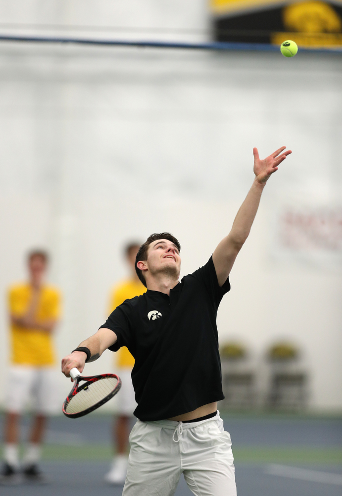 Jonas Larsen against Utah Sunday, February 10, 2019 at the Hawkeye Tennis and Recreation Complex. (Brian Ray/hawkeyesports.com)