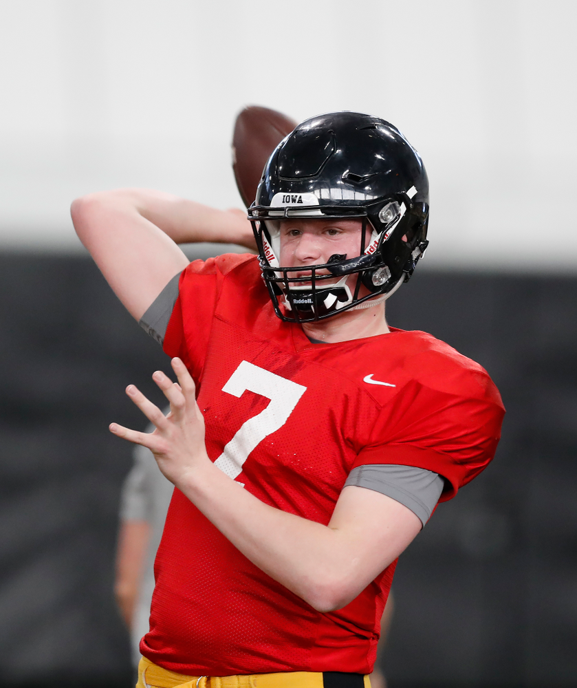 Iowa Hawkeyes quarterback Spencer Petras (7) during spring practice Wednesday, March 28, 2018 at the Hansen Football Performance Center. (Brian Ray/hawkeyesports.com)
