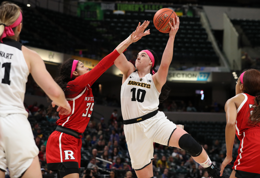 Iowa Hawkeyes forward Megan Gustafson (10) against the Rutgers Scarlet Knights in the semi-finals of the Big Ten Tournament Saturday, March 9, 2019 at Bankers Life Fieldhouse in Indianapolis, Ind. (Brian Ray/hawkeyesports.com)