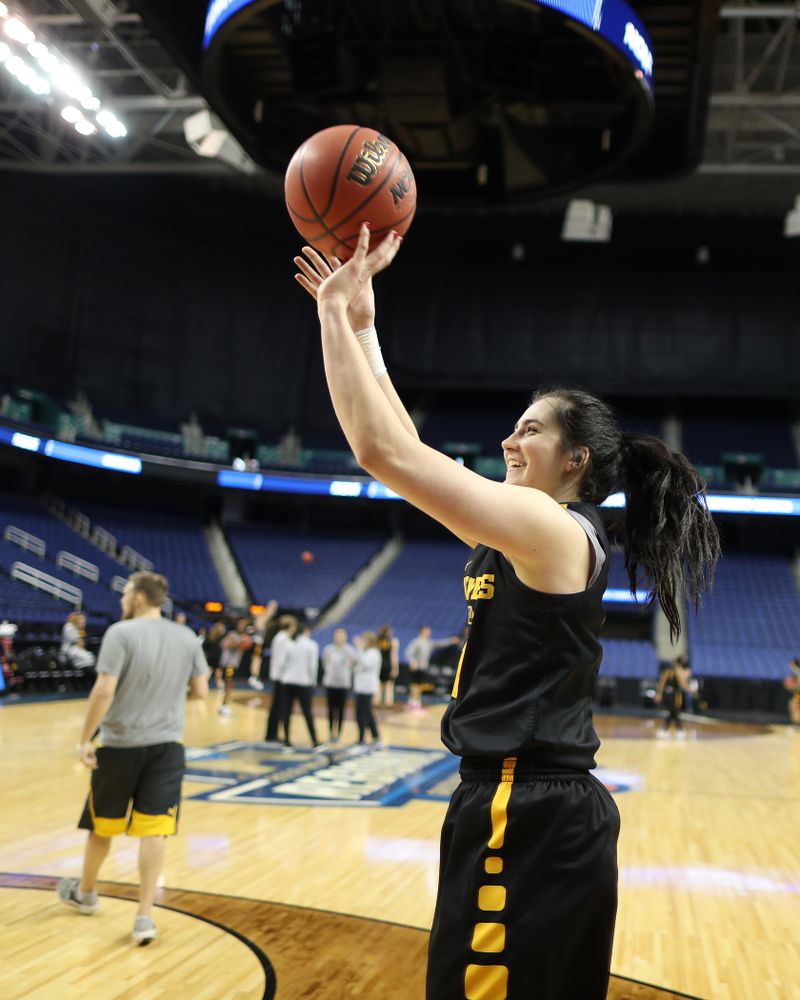 Iowa Hawkeyes forward Megan Gustafson (10) during media and practice as they prepare for their Sweet 16 matchup against NC State Friday, March 29, 2019 at the Greensboro Coliseum in Greensboro, NC.(Brian Ray/hawkeyesports.com)