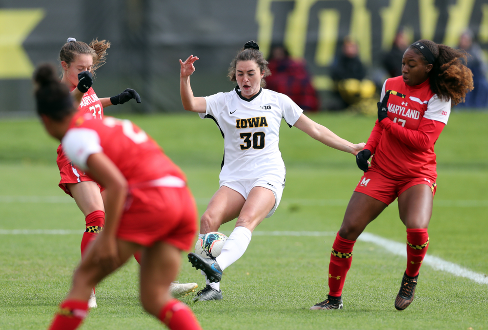 Iowa Hawkeyes forward Devin Burns (30) against the Maryland Terrapins Sunday, October 13, 2019 on senior day. (Brian Ray/hawkeyesports.com)