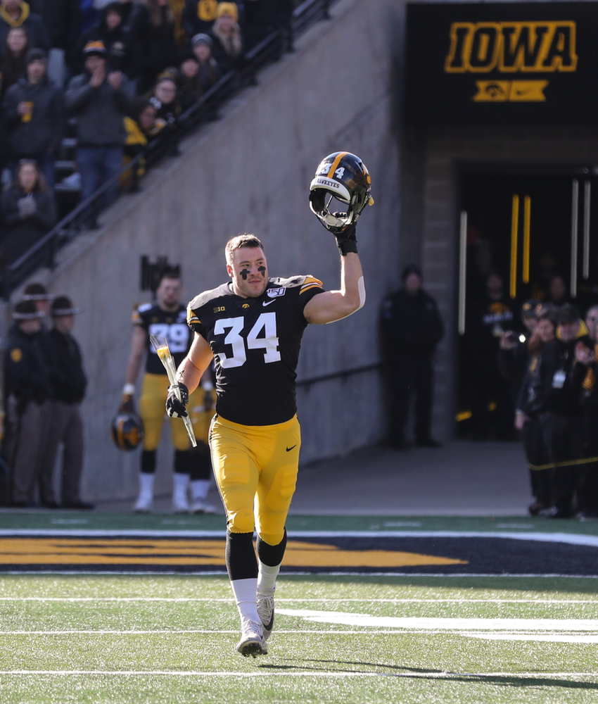 Iowa Hawkeyes linebacker Kristian Welch (34) during Senior Day festivities before their game against the Illinois Fighting Illini Saturday, November 23, 2019 at Kinnick Stadium. (Brian Ray/hawkeyesports.com)