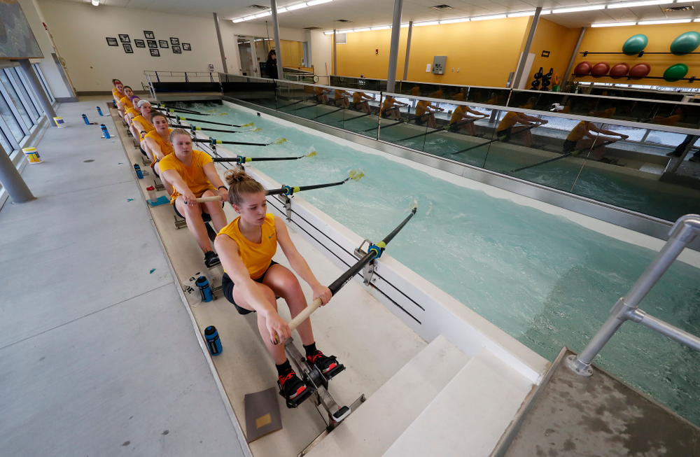 Members of the Iowa Rowing Team workout in the indoor rowing tank at the P. Sue Beckwith, M.D., Boathouse Monday, February 12, 2018 in Iowa City. (Brian Ray/hawkeyesports.com)