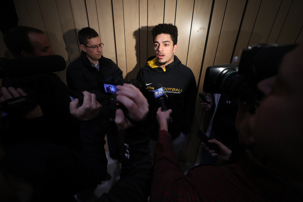 Iowa Hawkeyes defensive back Amani Hooker (27) addresses the media about the Hawkeyes selection to face Mississippi State in the Outback Bowl Sunday, December 2, 2018 at the Hansen Football Performance Center. (Brian Ray/hawkeyesports.com)