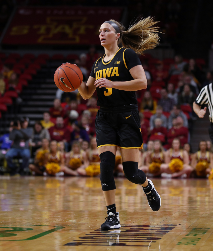 Iowa Hawkeyes guard Makenzie Meyer (3) against the Iowa State Cyclones Wednesday, December 11, 2019 at Hilton Coliseum in Ames, Iowa(Brian Ray/hawkeyesports.com)