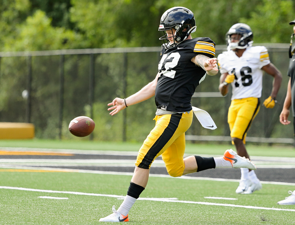 Iowa Hawkeyes punter Michael Sleep-Dalton (22) punts the ball away during Fall Camp Practice No. 11 at the Hansen Football Performance Center in Iowa City on Wednesday, Aug 14, 2019. (Stephen Mally/hawkeyesports.com)