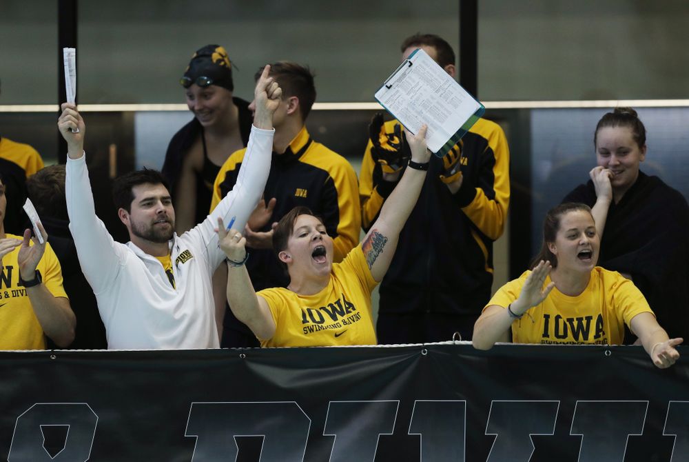 Iowa Hawkeye assistant coaches Sarah Stockwell-Gregson and Ashley Dell Thursday, November 15, 2018 during the 2018 Hawkeye Invitational at the Campus Recreation and Wellness Center. (Brian Ray/hawkeyesports.com)