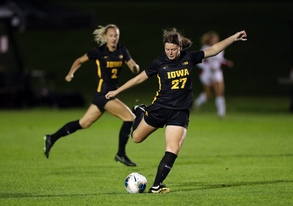 Iowa Hawkeyes forward Samantha Tawharu (27) against the Nebraska Cornhuskers Thursday, October 3, 2019 at the Iowa Soccer Complex. (Brian Ray/hawkeyesports.com)