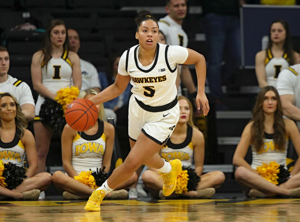 Iowa Hawkeyes guard Alexis Sevillian (5) brings the ball down the court during the third quarter of the game at Carver-Hawkeye Arena in Iowa City on Thursday, February 6, 2020. (Stephen Mally/hawkeyesports.com)