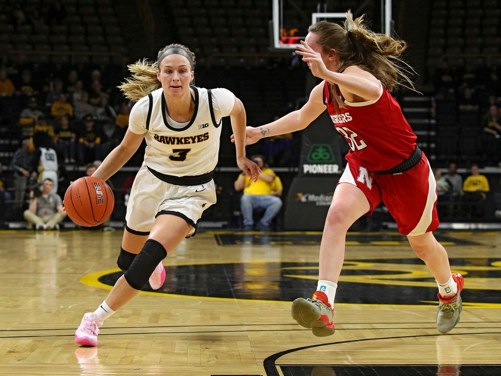 Iowa Hawkeyes guard Makenzie Meyer (3) drives with the ball during the second quarter of the game at Carver-Hawkeye Arena in Iowa City on Thursday, February 6, 2020. (Stephen Mally/hawkeyesports.com)