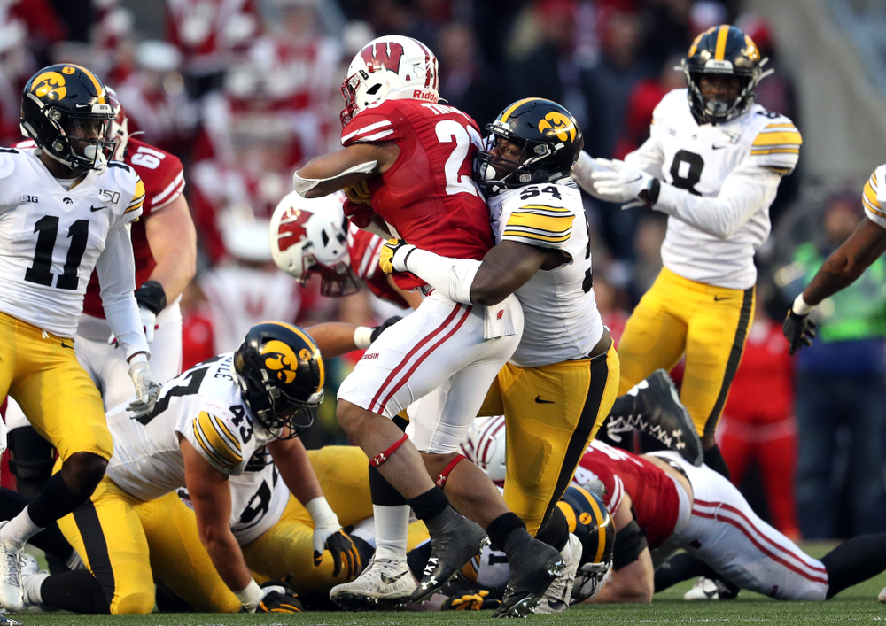 Iowa Hawkeyes defensive tackle Daviyon Nixon (54) against the Wisconsin Badgers Saturday, November 9, 2019 at Camp Randall Stadium in Madison, Wisc. (Brian Ray/hawkeyesports.com)