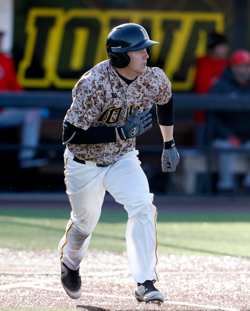 Iowa Hawkeyes outfielder Robert Neustrom (44) against the Ohio State Buckeyes Saturday, April 7, 2018 at Duane Banks Field. (Brian Ray/hawkeyesports.com)