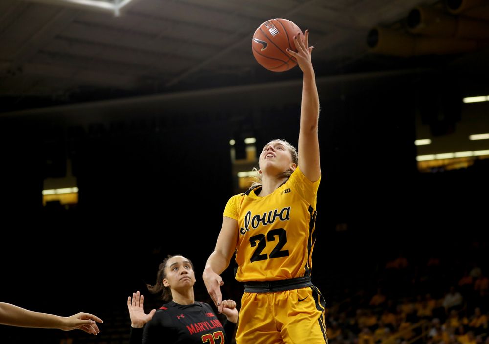 Iowa Hawkeyes guard Kathleen Doyle (22) against the Maryland Terrapins Thursday, January 9, 2020 at Carver-Hawkeye Arena. (Brian Ray/hawkeyesports.com)