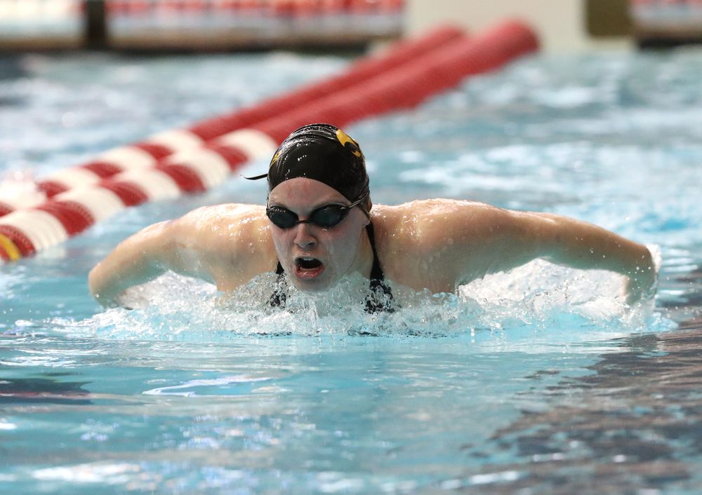 Iowa's Natalie McGovern swims the 200-yard IM during the 2019 Women's Big Ten Swimming and Diving meet Thursday, February 21, 2019 in Bloomington, Indiana. (Brian Ray/hawkeyesports.com)