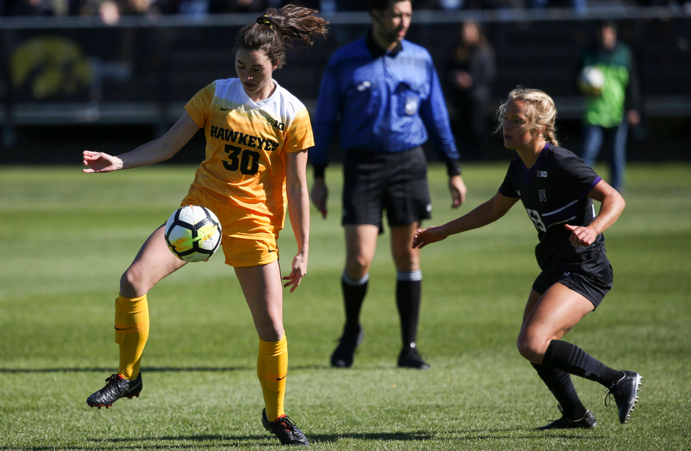 Iowa Hawkeyes forward Devin Burns (30) controls the ball during a game against Northwestern at the Iowa Soccer Complex on October 21, 2018. (Tork Mason/hawkeyesports.com)
