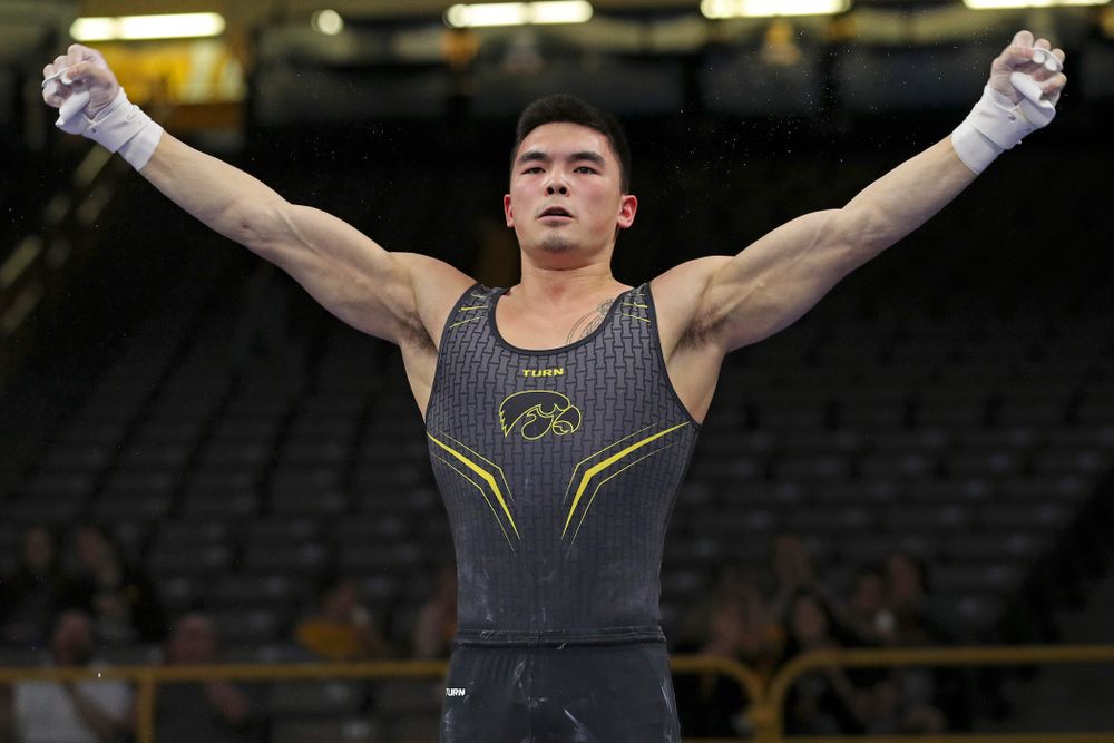 Iowa's Addison Chung competes in the rings during the first day of the Big Ten Men's Gymnastics Championships at Carver-Hawkeye Arena in Iowa City on Friday, Apr. 5, 2019. (Stephen Mally/hawkeyesports.com)