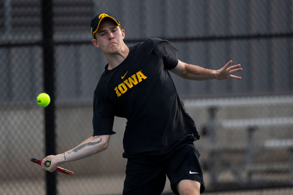 IowaÕs Jonas Larsen at tennis vs Illinois State on Sunday, April 21, 2019 at the Hawkeye Tennis and Recreation Complex. (Lily Smith/hawkeyesports.com)