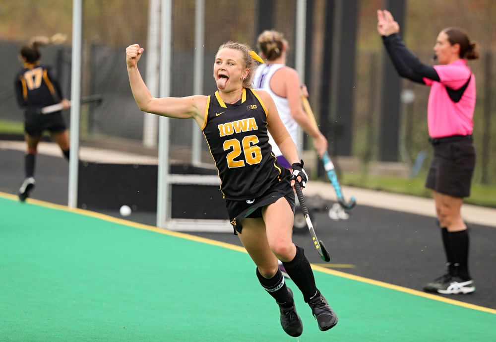 Iowa’s Maddy Murphy (26) celebrates after scoring a goal during the fourth quarter of their game at Grant Field in Iowa City on Saturday, Oct 26, 2019. (Stephen Mally/hawkeyesports.com)
