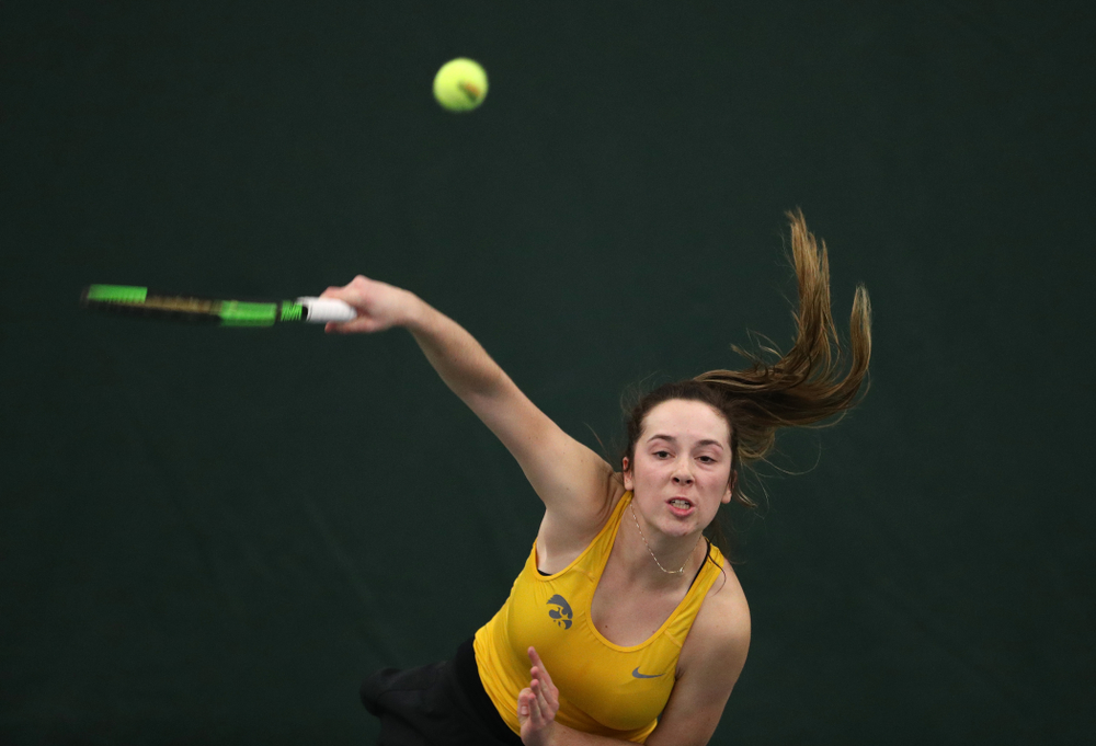Iowa's Sam Mannix plays a doubles match against Xavier Friday, January 18, 2019 at the Hawkeye Tennis and Recreation Center. (Brian Ray/hawkeyesports.com)