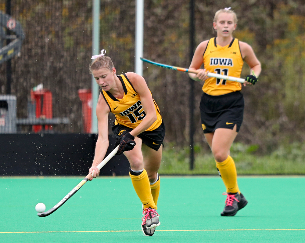 Iowa’s Esme Gibson (15) bounces the ball on her stick during the third quarter of their game against UC Davis at Grant Field in Iowa City on Sunday, Oct 6, 2019. (Stephen Mally/hawkeyesports.com)